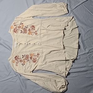Oatmeal embroidered long sleeve raw hem bohemian top medium